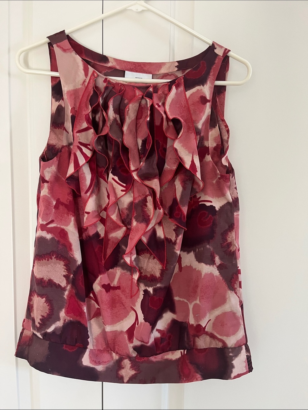 LOFT Ruffle Front Sleeveless Camisole in Burgundy and Pink Watercolor